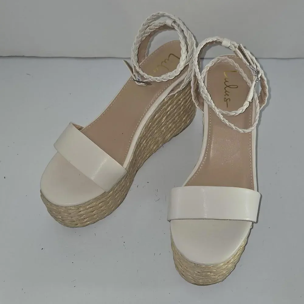 0309 lulus White Platform Ankle Strap Espadrille Wedges Womens‎ size 10